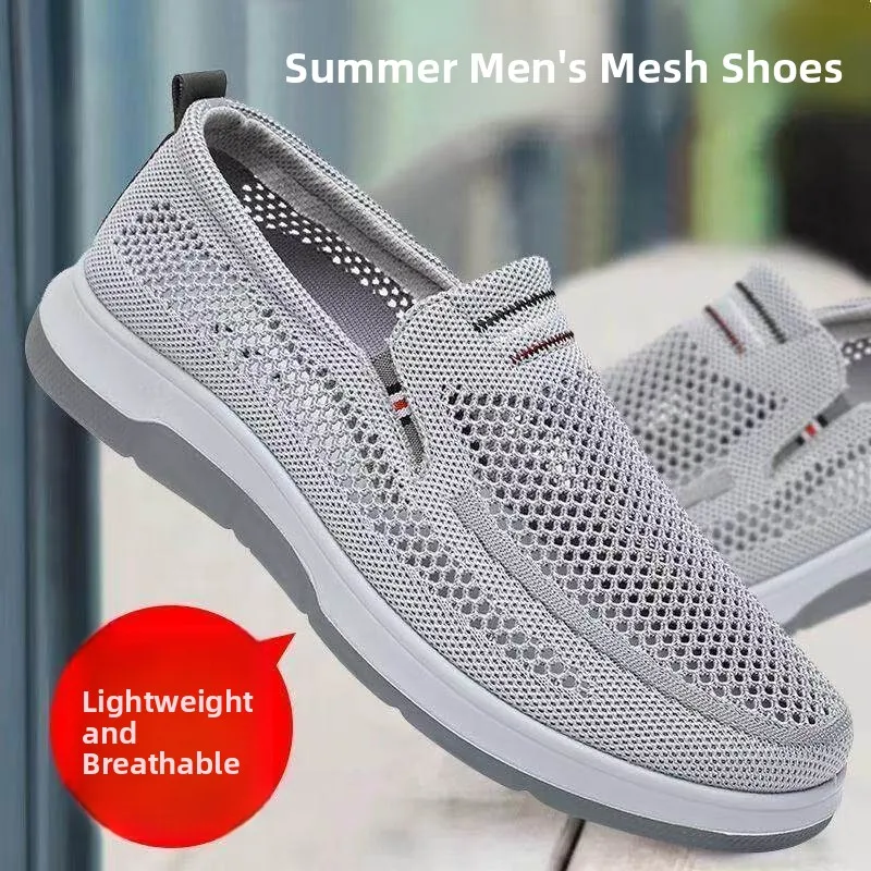 Men's Summer Breathable Anti-slip Soft Bottom Casual Net Shoes Lightweight Slip-On Supportive Rubber Outsole round Toe