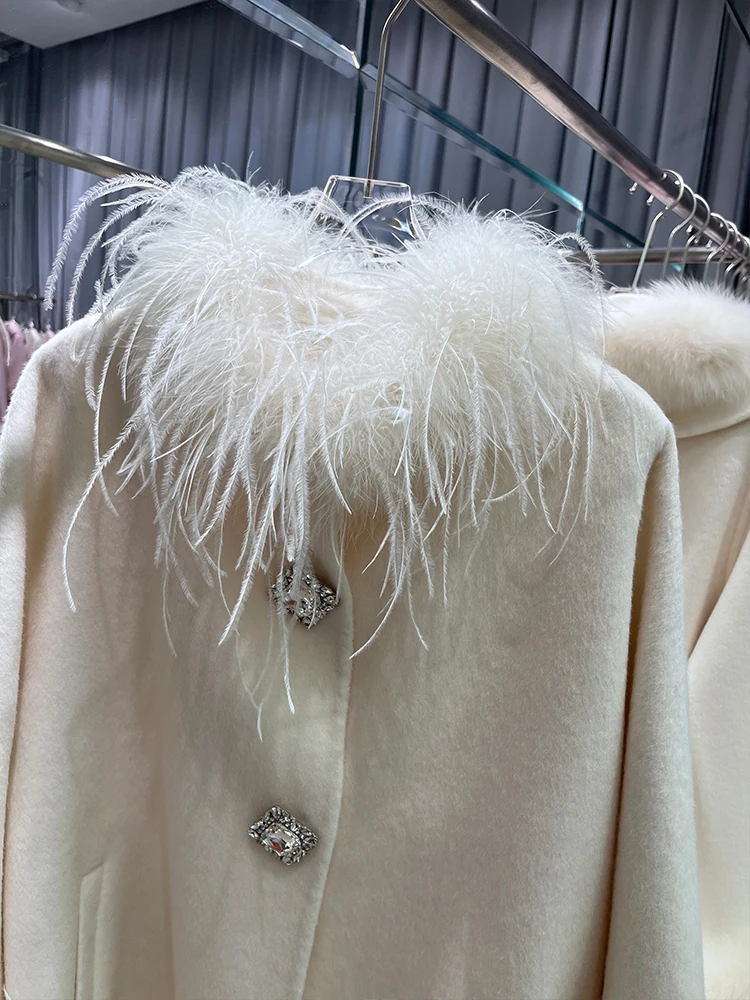 New Winter Real Natural Ostrich Feather Cuff Collar Coat Ladies Outwear Female Coat Cashmere Wool Woolen Women Luxury Jacket