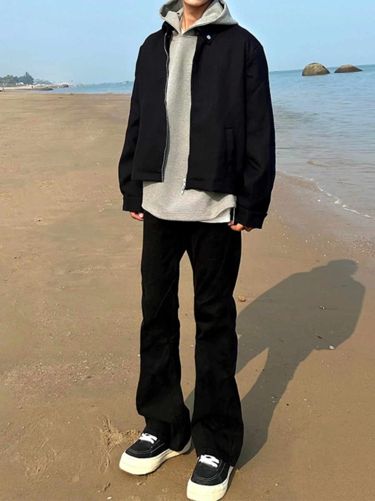 

Black Elastic Straight Leg Men's Jeans Cleanfit High Street Slimming Casual Pants mid Low Waist Long Cotton Polyester Blend