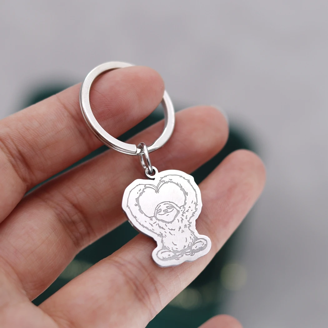 Stainless Steel Custom Name Keychains Women Happy Sloth Making Heart Arms Key Ring Trendy Jewelry Engraved Keyring Men Gift