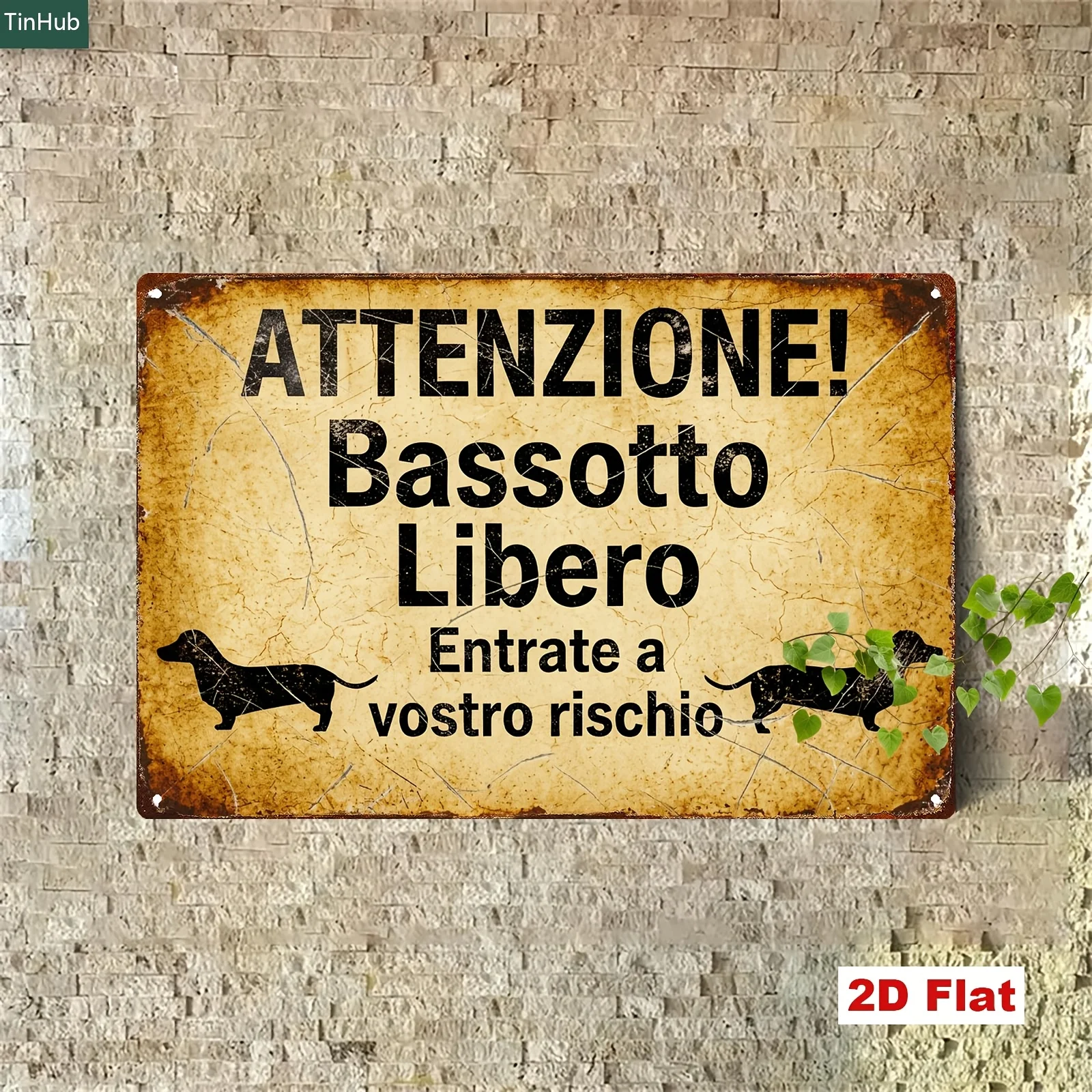 2D Flat, 2D Flat 1pc Vintage Italian-Style Slogan Metal Sign, 7.87x11.81inch Iron Sign with Humorous Dachshund Warning, Vintage