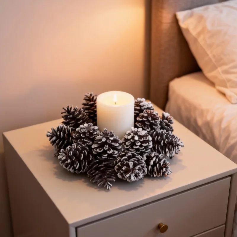 New Realistic Pinecone Candle Ring Aromatherapy Decoration Small Wreath Candle Holder Christmas Table Ornament