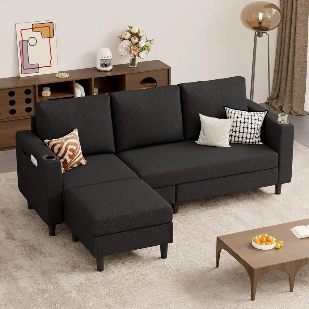 

78 L-Shaped 3-Seat Washable Linen Sofa, Convertible for Living Room, Lounge, Bedroom