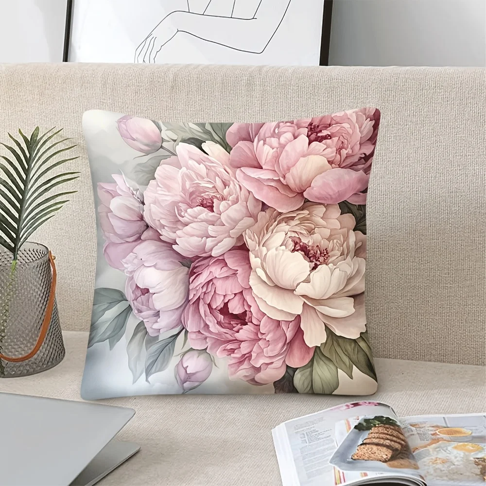 Romantic Peony Floral Print Cushion Cover Throw Pillow Blush Blossom Decor Accent Case 40x40cm Bedroom Home Decor Gift
