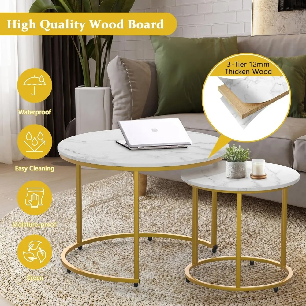 2-piece Nested Table Set, Living Room Circular Coffee Table with Golden Metal Frame, Marble Patterned Nested Table