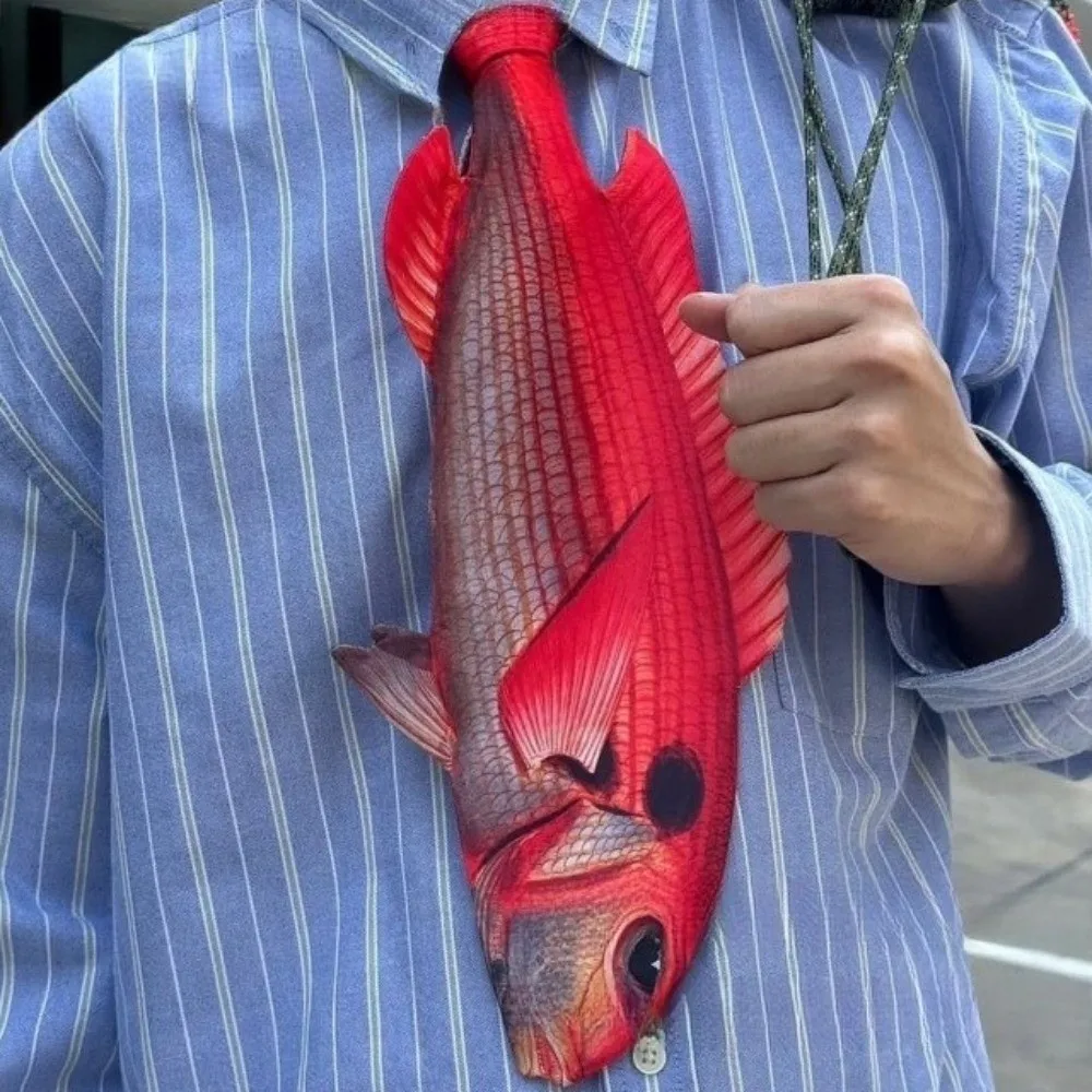 New Unique Fish-shaped Tie Cartoon Satin Fabric Animal Pattern Tie Funny Lifelike Creative Novelty Necktie Special Event