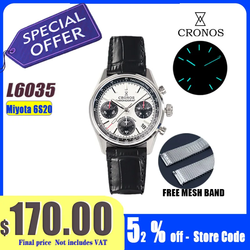 Cronos New Chronograph Quartz Men Watch Miyota 6S20 Black&White Panda Dial Sapphire 10 ATM Tachymetre Leather Strap