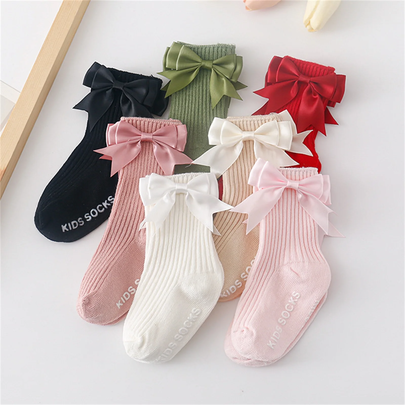 Winter Baby Girl Floor Socks Letter Pattern Bowknot Non Slip Toddler Walking Socks with Grips Crew Socks for Kids Infant