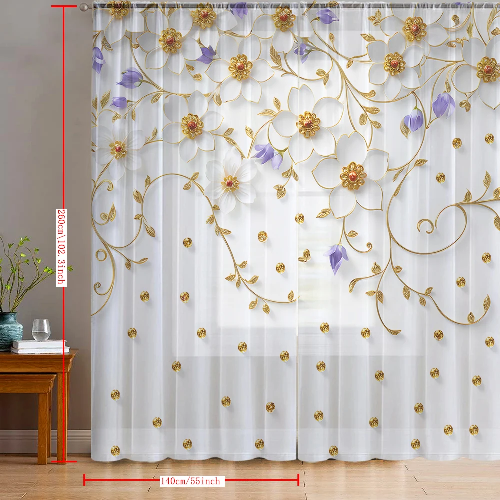 2PCS Home decoration printed window screens with golden flowers and pole bags, suitable for kitchens, cafes, and living rooms