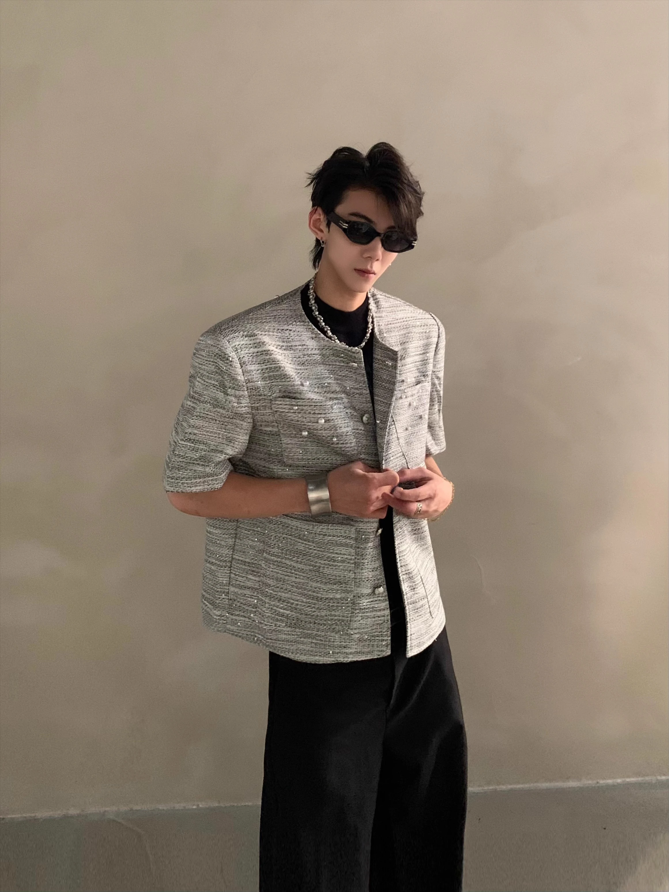 Men's 2025 Summer New Niche High-end Light Luxury Shoulder Pads Small Fragrant Short-sleeve Jackets Trendy Handsome Short Jacket