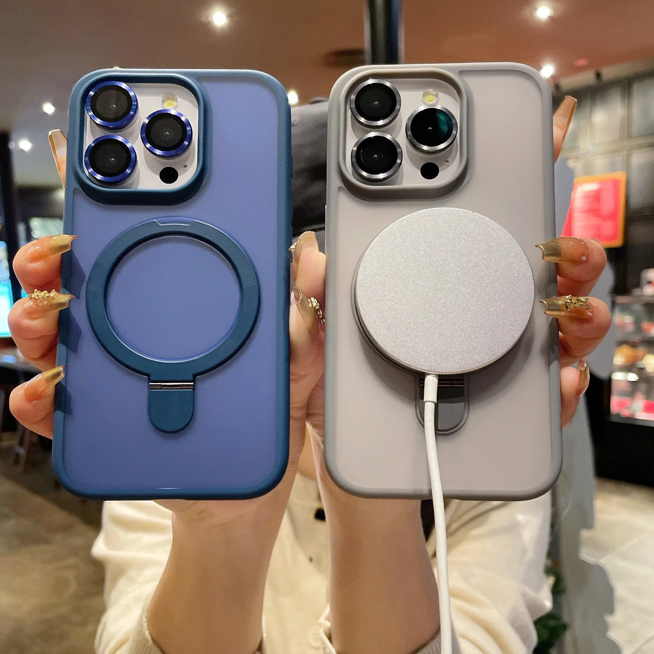 Matte Luxury Ring Holder Glass Lens Case For iPhone 15 14 13 12 11 Pro Max Plus For Magsafe Wireless Magnetic  Hard Bumper Cover