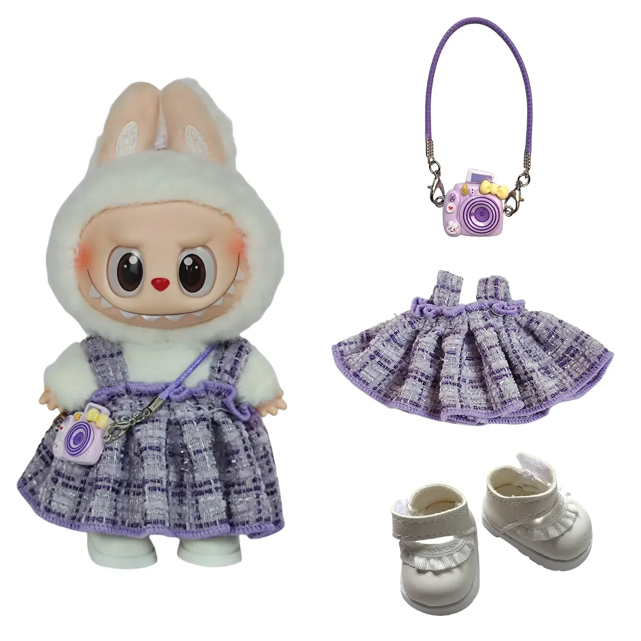 Kleding voor Labubu 1e/2e/3e generatie hangende outfits - paarse geruite overall voor zittende poppen