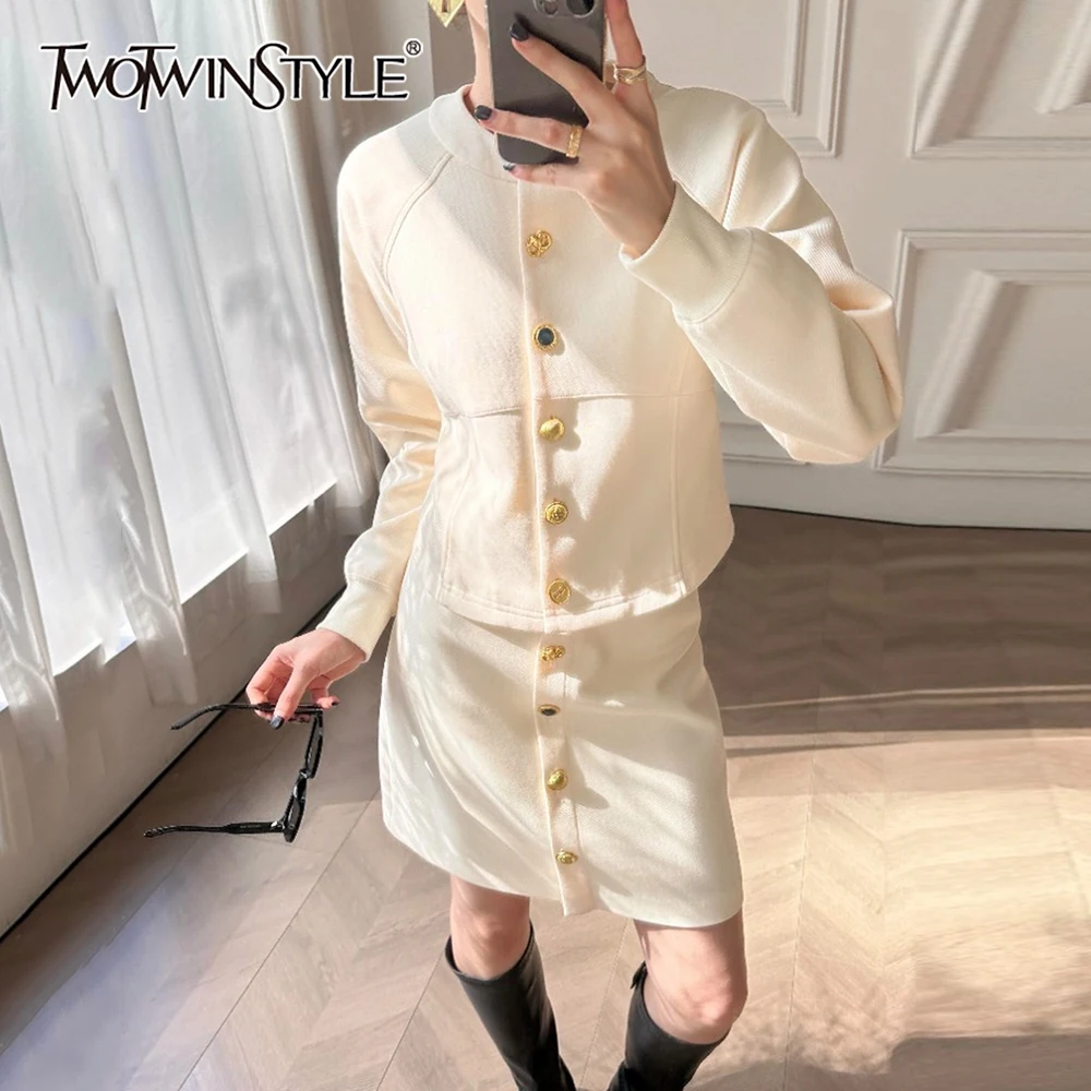 TWOTWINSTYLE, conjunto de dos piezas liso empalmado con una hilera de botones, chaqueta de manga larga con cuello redondo para mujer, conjunto de falda informal para mujer, novedad de otoño