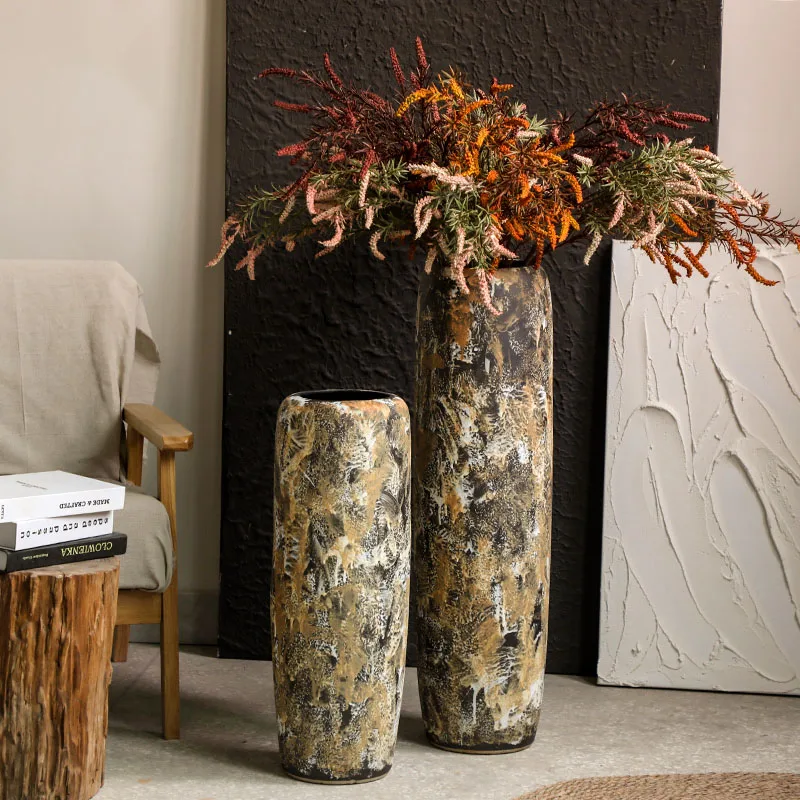

Danish style ceramic floor-to-ceiling vase, wabi-sabi wind flower arrangement, Nordic retro coarse pottery decoration, B & B