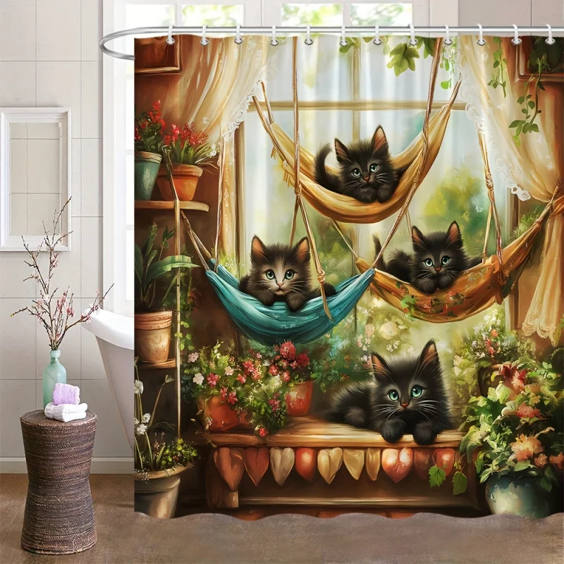 Charming Black Cat & Floral Window View Shower Curtain - Durable Polyester, Easy-Care with Hooks Included, Perfect for All Seaso