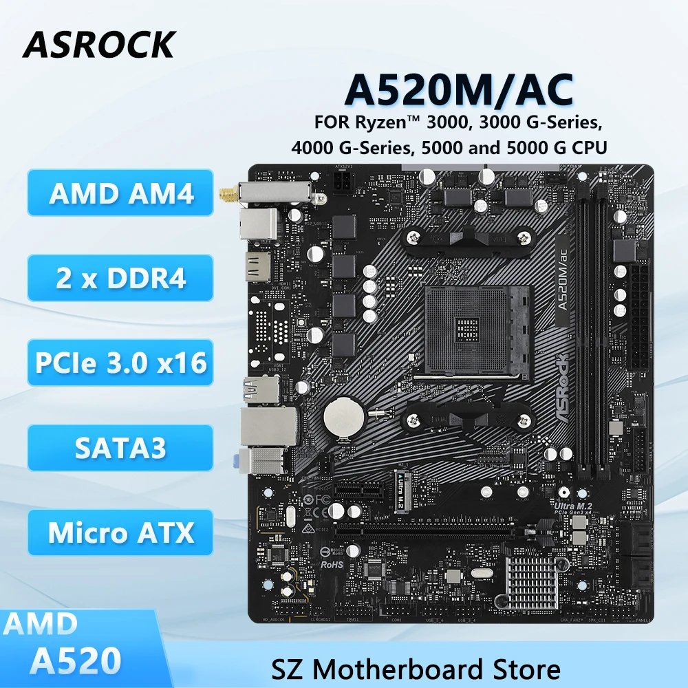

ASROCK AMD A520 A520M/AC Motherboard For Ryzen 5/7/3 5600G 5600X 5700X 5300G CPU DDR4 4733+(OC) BT 4.2 Module M.2 HDMI Micro ATX