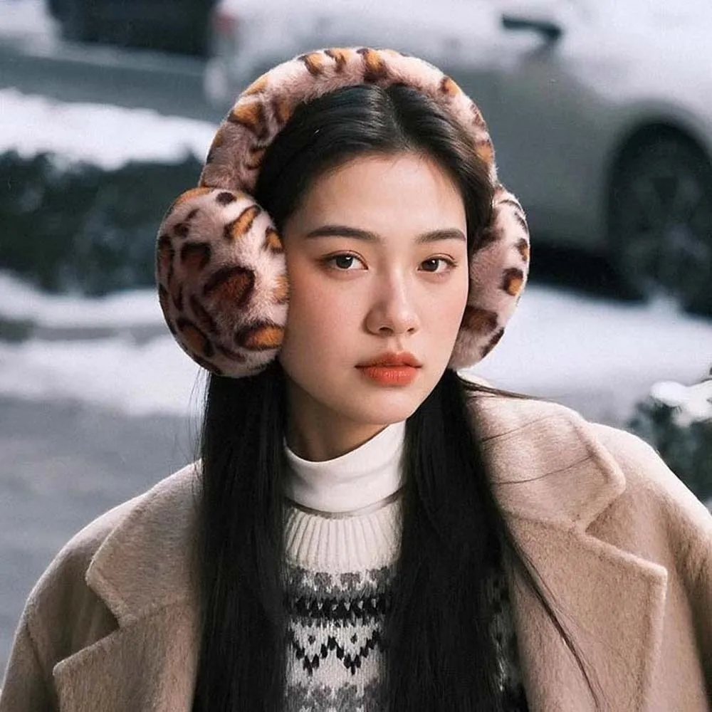 Collapsible Leopard Print Earmuffs Faux Fur Thickened Plush Ear Warmers Comfortable Lightweight Foldable Ear Covers Commuting