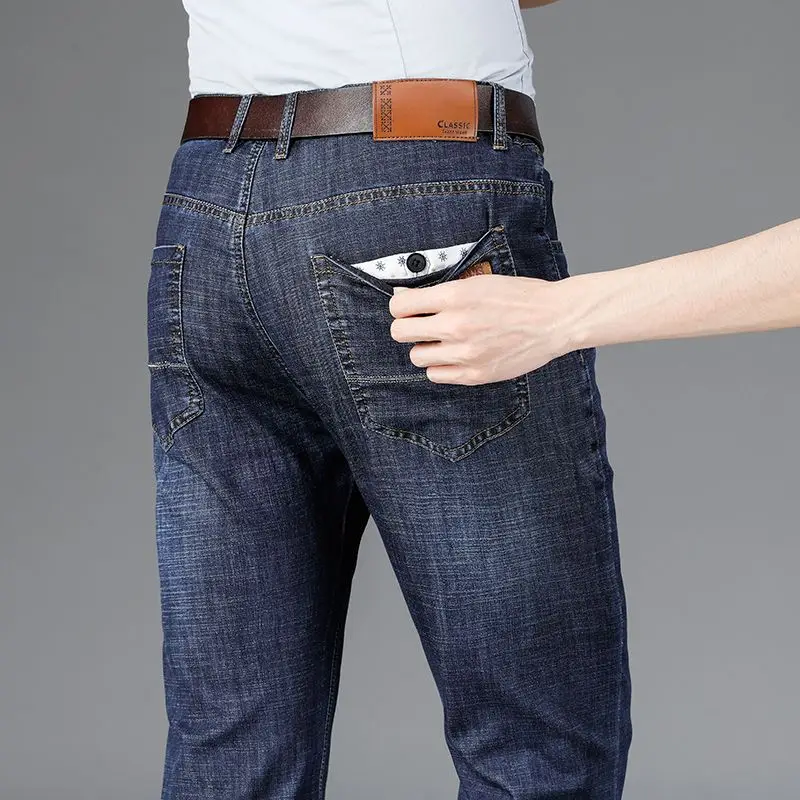 

2026 New Quality Clothing Classic Vintage Business Men Fit Straight Jeans Cotton Stretch Midweight Badge Trousers Pants