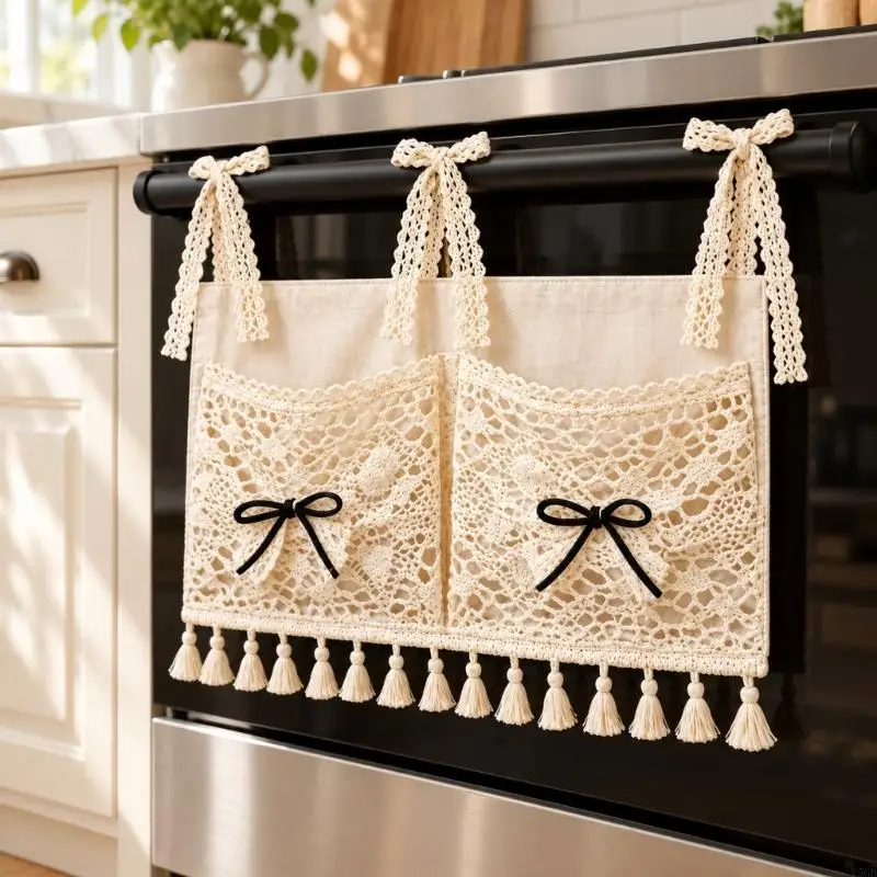 Farmhouses Oven Door Curtain Organizers, White Fabric Hanging Panel with Two Lace Pockets, Black Ribbon Bowknot and Tassels Y5GB