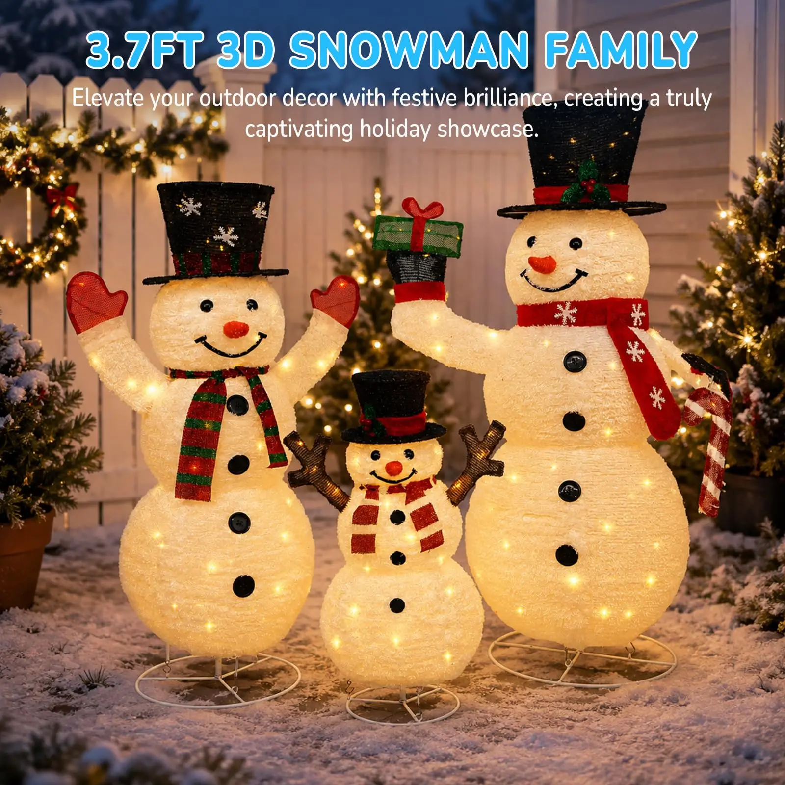 3.7 FT Collapsible Pop-Up 3D Lighted Snowman Family Set of 3, Outdoor Christmas Snowman Decorations with 250 Warm White