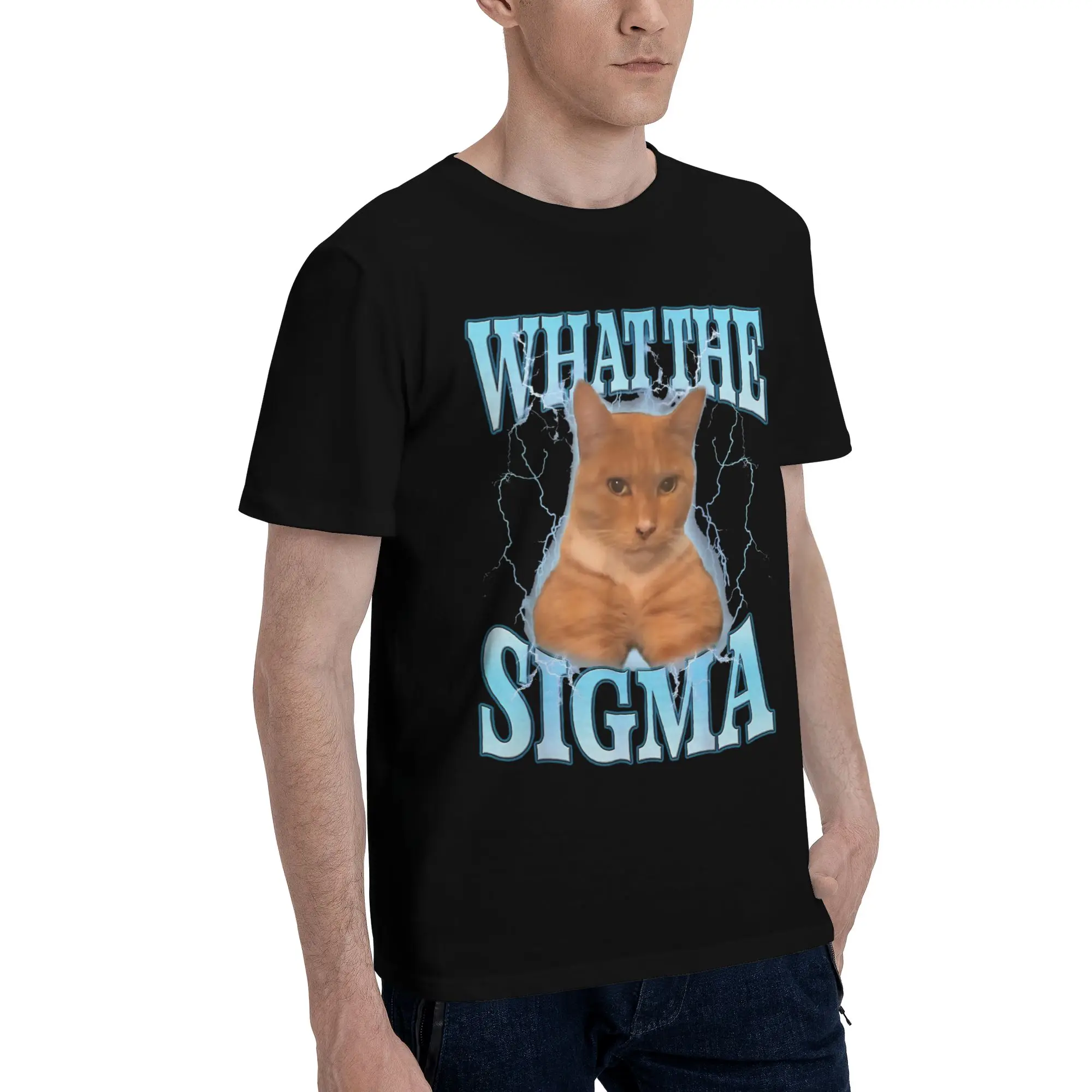 What The Sigma Meme Cat Ironic Brainrot Y2K T Shirts Men's  Cotton Novelty T-Shirt Crewneck  Tees Short Sleeve Tops Plus Size