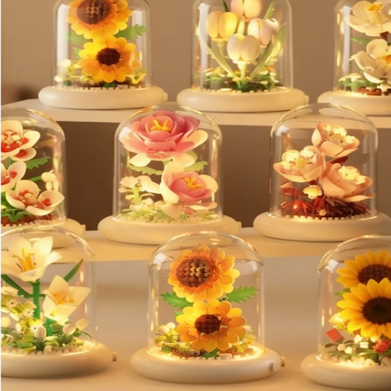 

Building Block Flowers Small Particle Preserved Floral Ornament With Glass Dome Decor Girls Toy Birthday Gift For Girls Friends