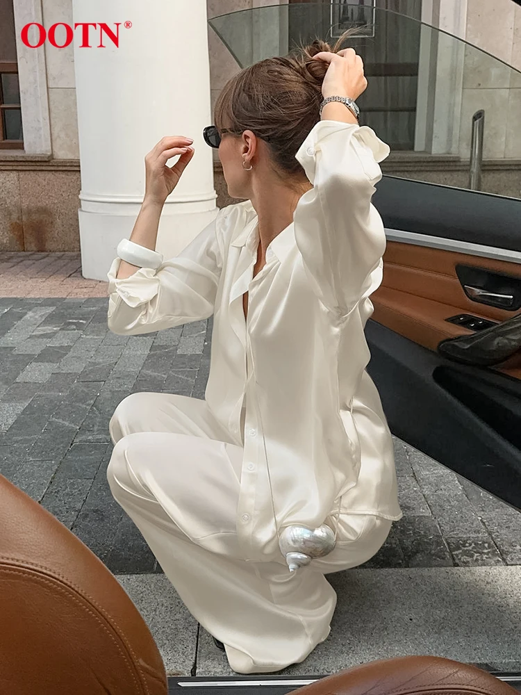 OOTN Elegant Solid Satin Pants Suits Women Fashion Loose Long Sleeve Turn Down Collar Shirts Casual Straight Pants Sets 2 Pieces