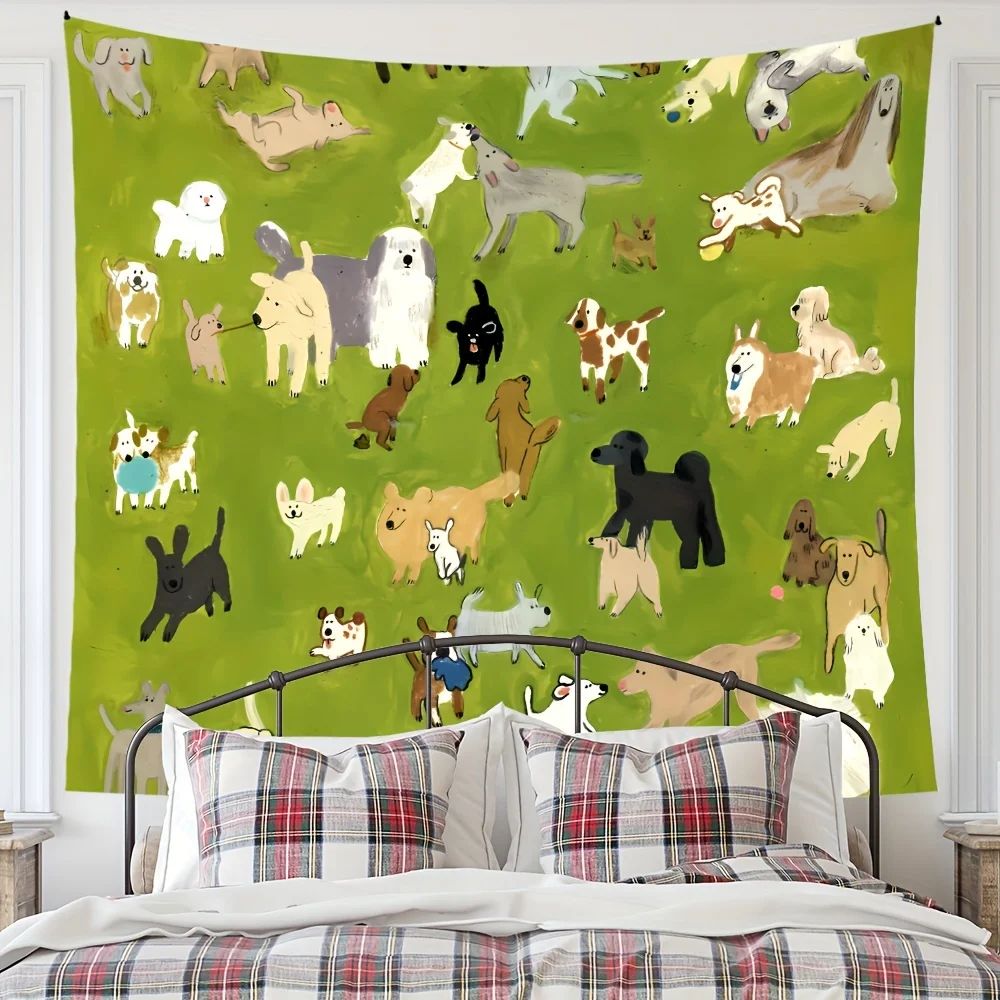 VIKAMA الكرتون الحيوانات الأليفة نسيج خلفية خضراء جديدة مع تصميم متعدد السلالات الكلب غرفة المعيشة أريكة خلفية جدار ديكور الغرفة