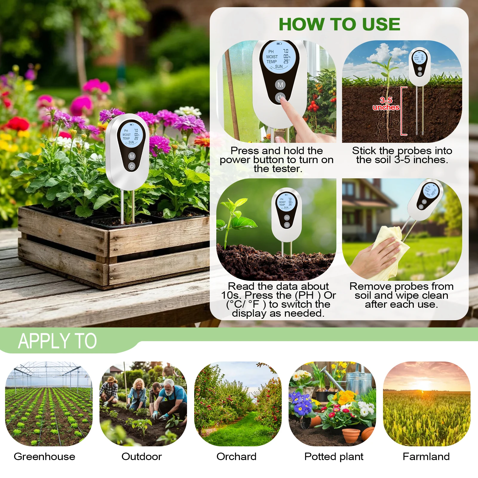 Yieryi садовый pH-метр 4-в-1 цифровой датчик влажности солнечного света и температуры, тестер pH почвы для прямого использования для посадки цветов в горшке