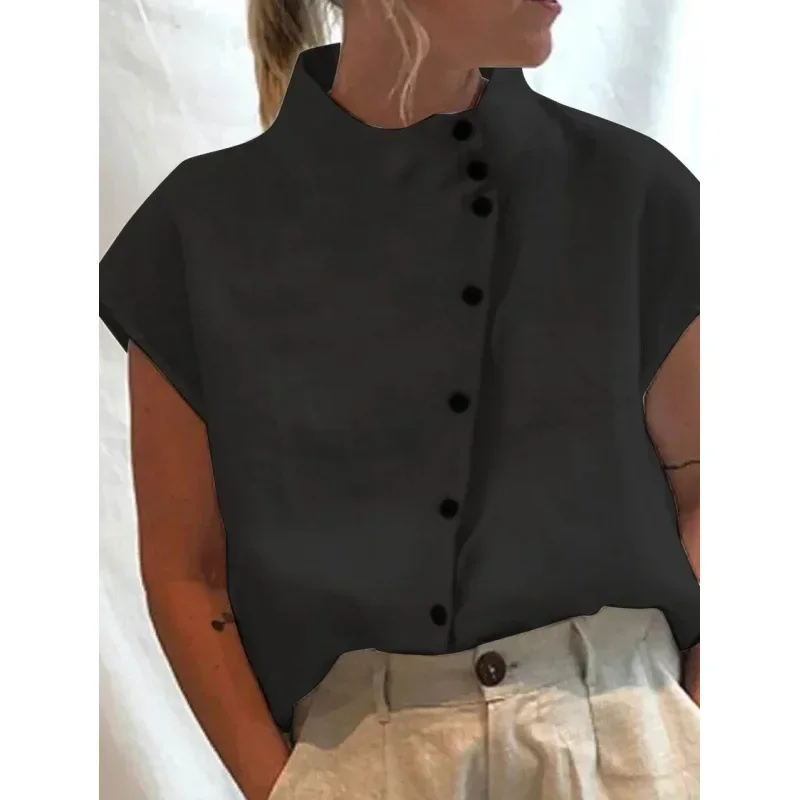 Camisa de primavera y verano para mujer, blusa con botones, cuello alto, manga corta, Color sólido, moda informal, cómoda, Regular, delgada, estándar