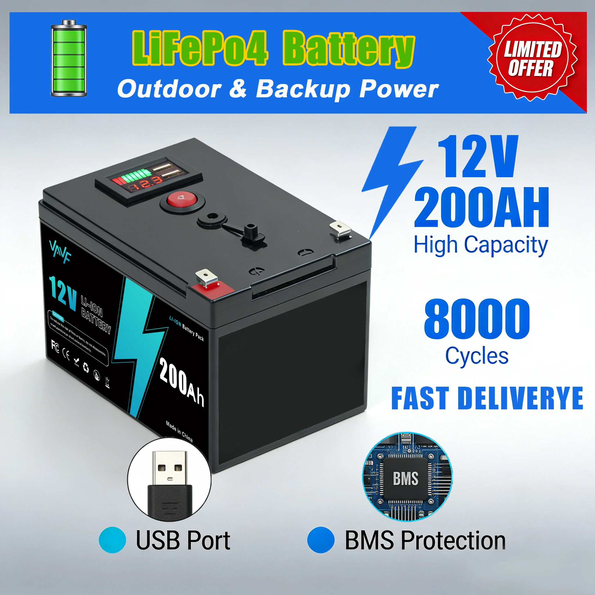 

Lithium Battery 12V200Ah LiFePO4 Solar Battery with Advanced Management System (BMS) for Solar Battery️Backup Power&RVs