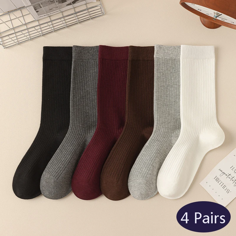 

4 Pairs Women's Ankola Red Socks Autumn and Spring Cotton Trendy Japanese Style Middle Tube Socks Pile Socks
