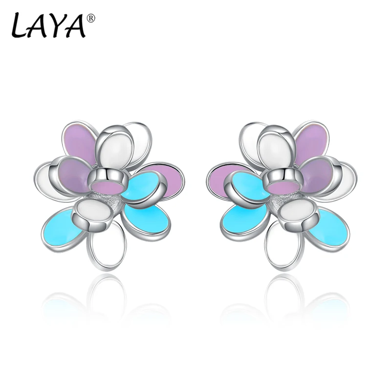 

LAYA Vintage Enamel Flower Stud Earrings Women Temperament Blue Purple Flower Shaped pierced Ear 925 Sterling Silver Jewelry