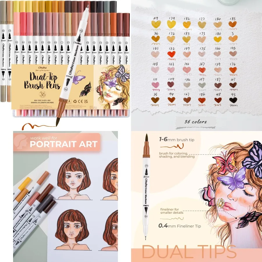 

Маркеры Ohuhu Skin Tone 36 цветов: кисть с двумя наконечниками и маркеры для тонкой подводки для взрослых, раскраски на водной основе, художественные маркеры Skintone