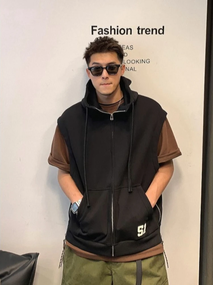 

Oversized Vintage Hoodie for Men Streetwear Autumn Spring Sleeveless Top Korean Ins Style Casual Outerwear