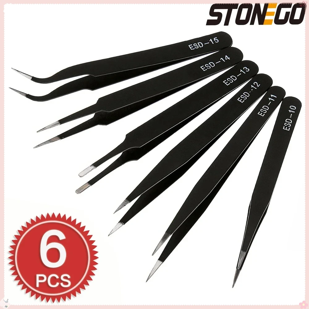 

STONEGO 6PCS Anti-static Stainless Steel Tweezers Set Curved Straight Industrial Hand Tools for Maintenance and Repair