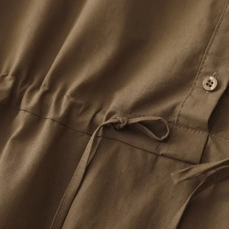 팝 오피스 레이디 폴로 칼라 셔츠 드레스 뉴 여름 드로우 스트링 포켓 미디 드레스 솔리드 빈티지 데일리 드레스 streetwear