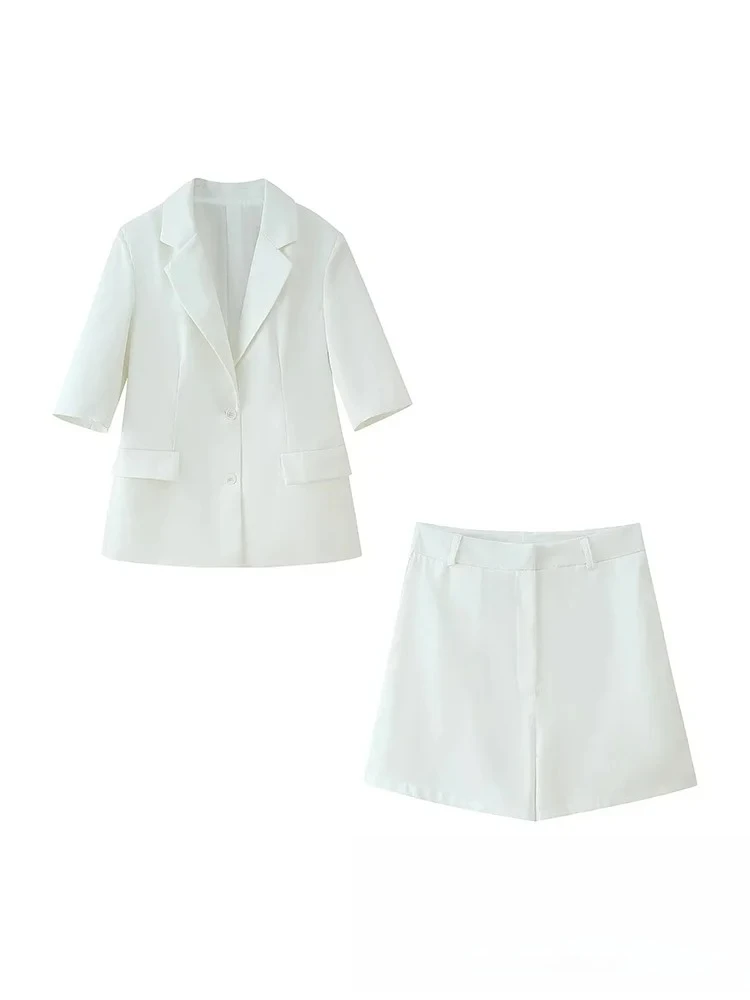

KONDALA Vintage Office Lady Suit White Solid V Neck Single Breasted Short Sleeve Blazer Zipper Shorts Fashion 2025 Summer Sets