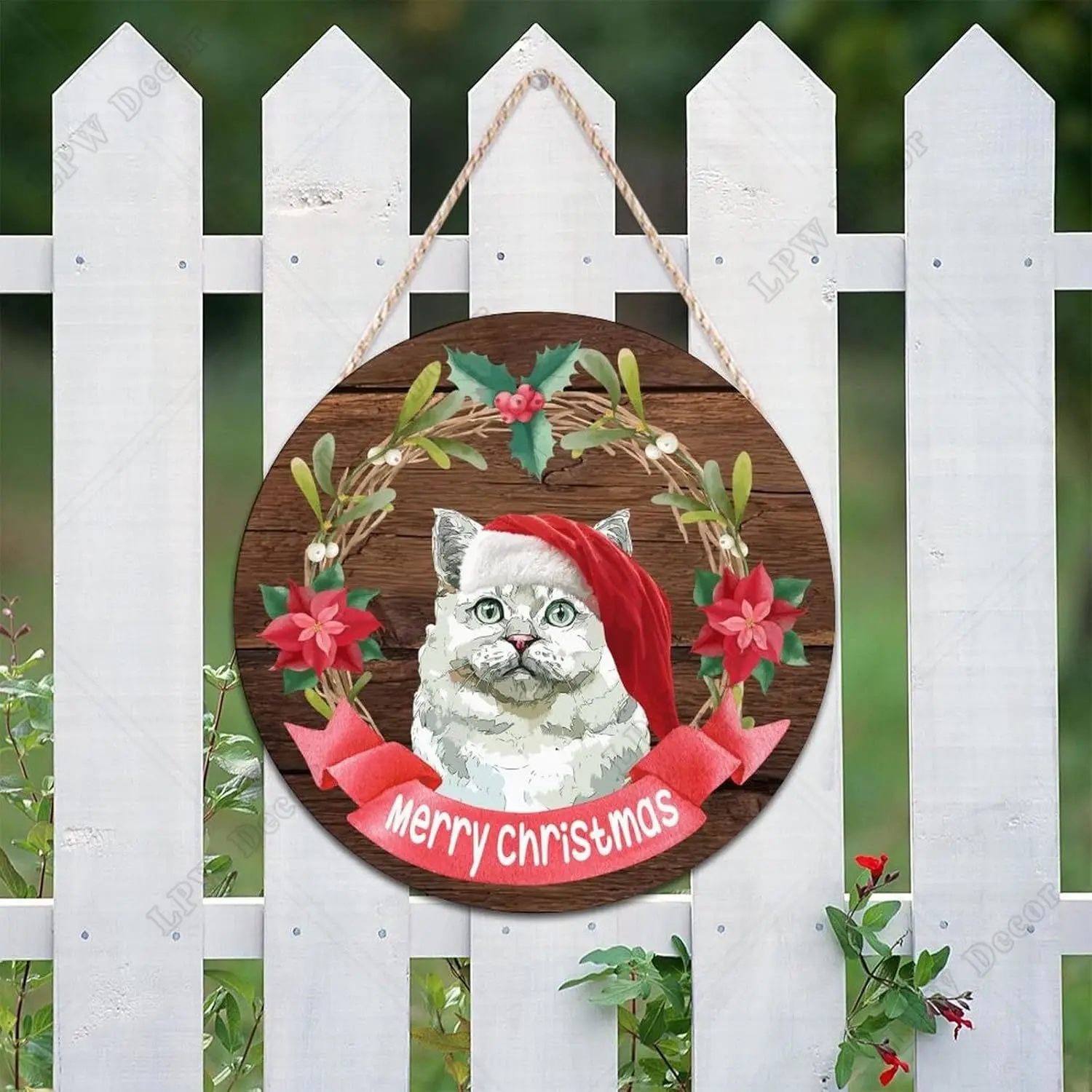 Welcome Sign for Front Porch Christmas Cat Round Wood Sign Wreath Wood Hanging Sign Christmas Home Kitchen Decoration Decor