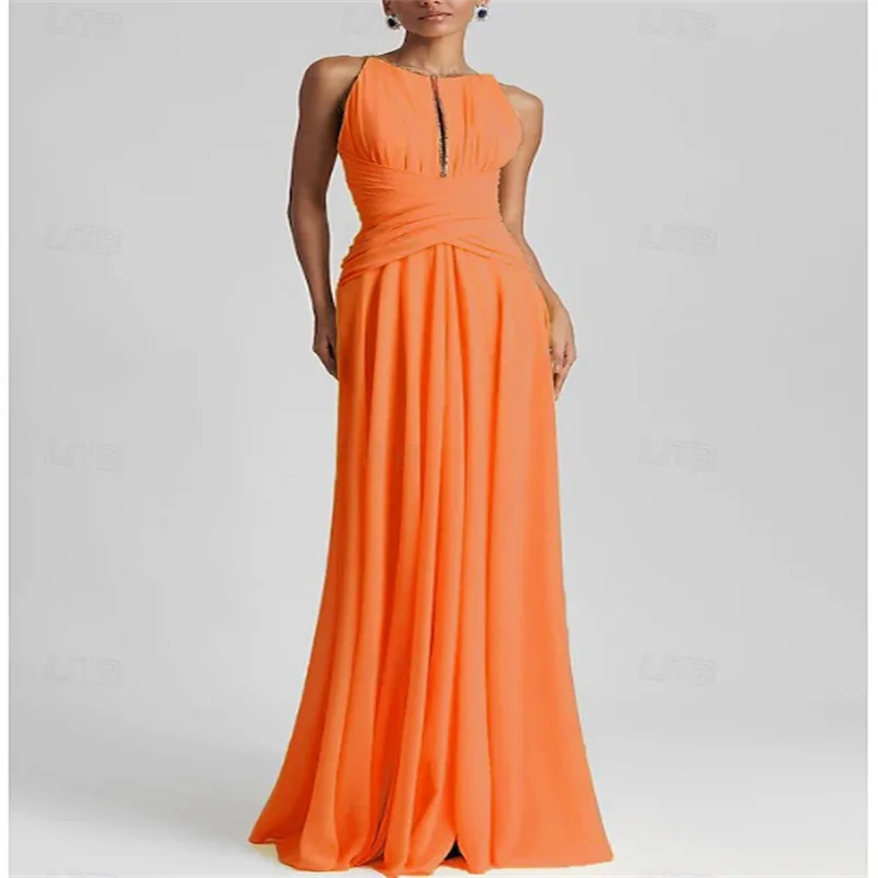 Abiti da ballo a trapezio lunghi fino al pavimento Eleganti senza maniche con collo gioiello Chiffon formale per invitati al matrimonio con pieghe glitterate con strass