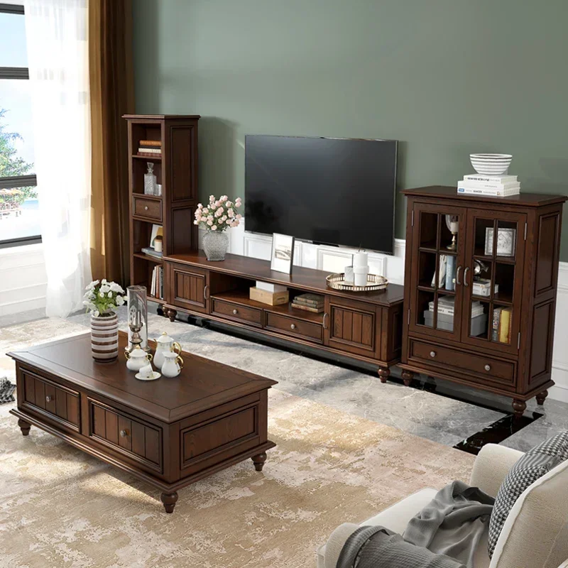 

American Country Solid Wood Coffee Table TV Cabinet Combination Small Apartment Walnut Color Home