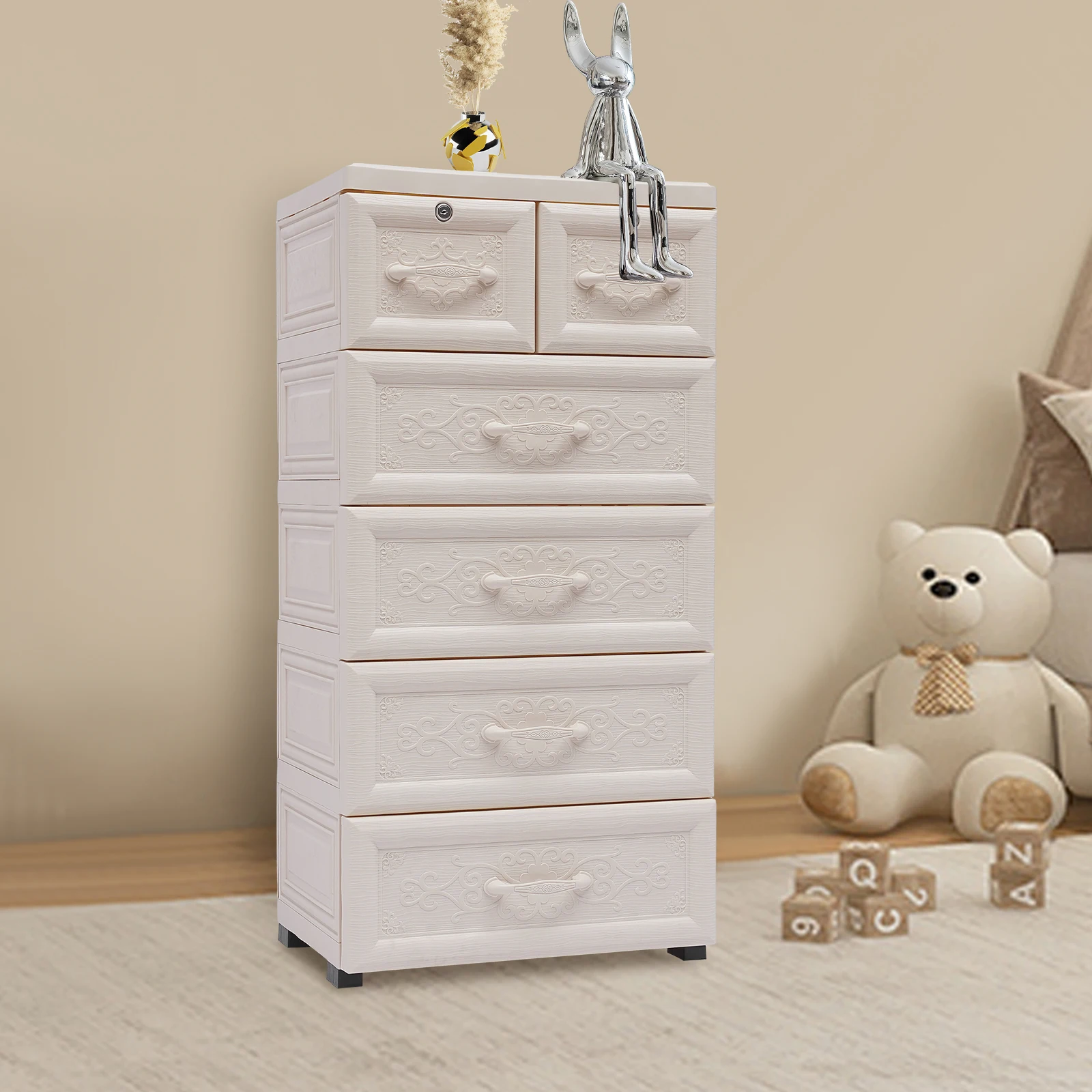 

5-Tier Storage Cabinet with & 5 Drawers, Modern White Sideboard Buffet Cabinet, Rectangular PP Storage Organizer (30kg Capacity)