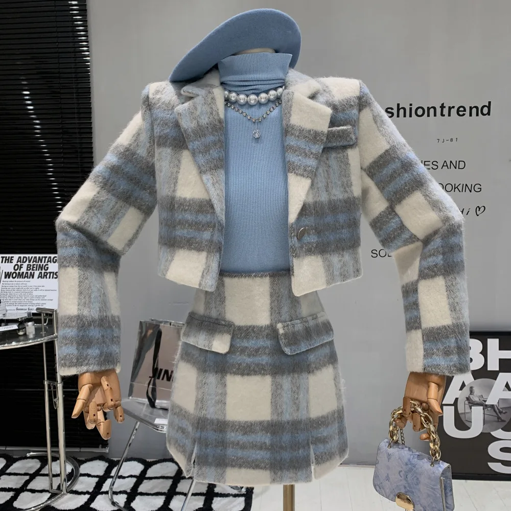 Female Plaid Tweed Two Piece Sets 2022 New Short Coat High Waist Mini Skirt Wool Blends Short Jacket Outerwear Streetwear Suit