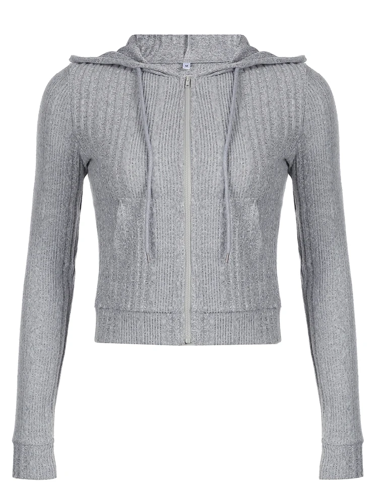 Gray Zip Up Knitted Hooded Jackets Women Pockets Details Solid Simple Basic Minimalist Slim Long Sleeve Hoodies Knitwear