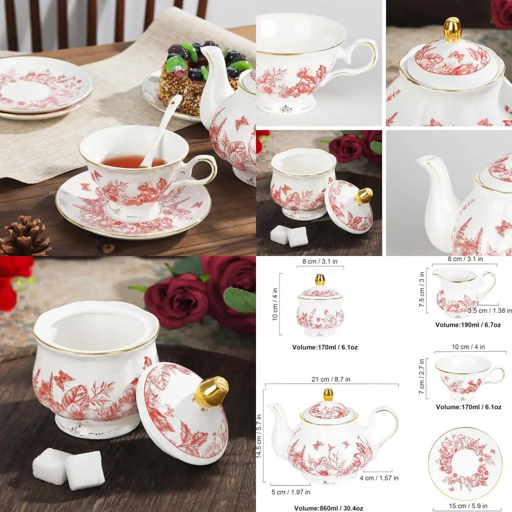 

Vintage 22-Piece Red Floral Bone China Tea Set for Women, Perfect for Weddings and Birthdays, Ideal for Tea Parties