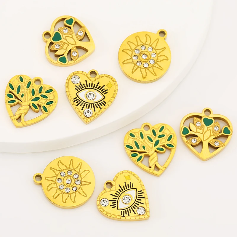 2pcs Stainless Steel Zircon Tree of Life Charms Sun Eye Love Heart for DIY Bag Chain Pendant Necklace Jewelry Making Accessories view 3