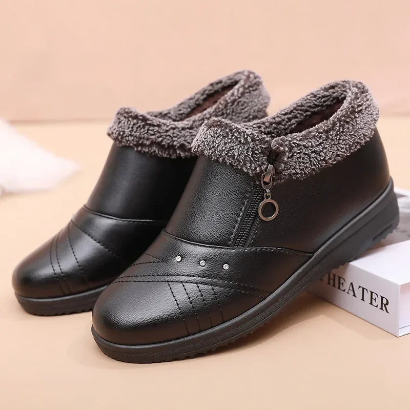 Women's Cotton Shoes  Winter Plush Flat Bottom Anti Slip Warm Cotton Shoes Comfortable Zipper Outdoor Cold Proof Ankle Boots