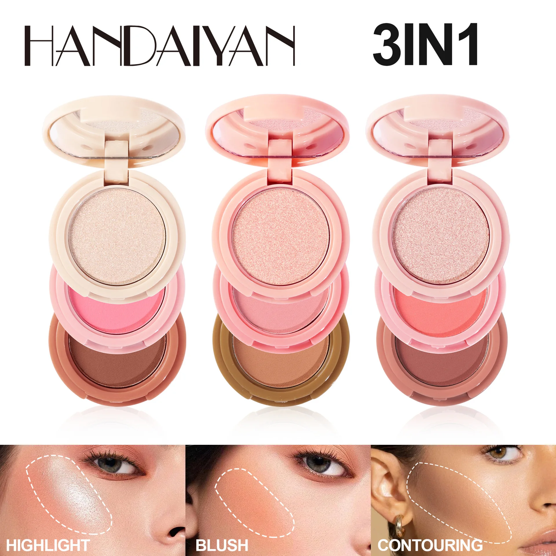 3-In-1 Face Bronzer Highlighter Makeup Palette Matte Pearlescent Blush Contouring Shadow Brighten Three-layer All-in-one Palette