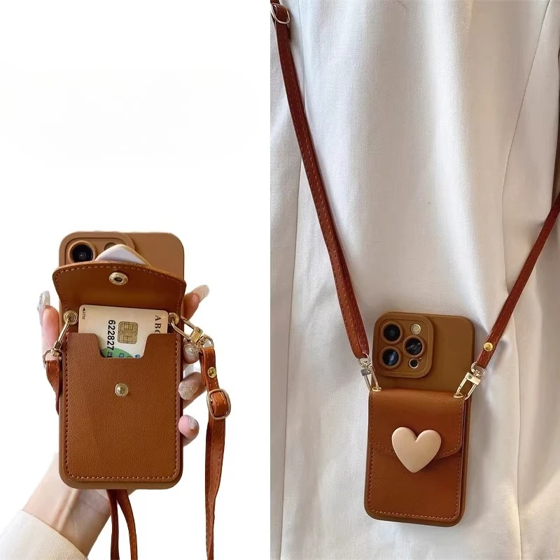 Bonito crossbody cordão colar cinta titular do cartão caso de telefone para iphone 17 11 12 13 16 15 pro max xr 14 plus 3d amor coração capa