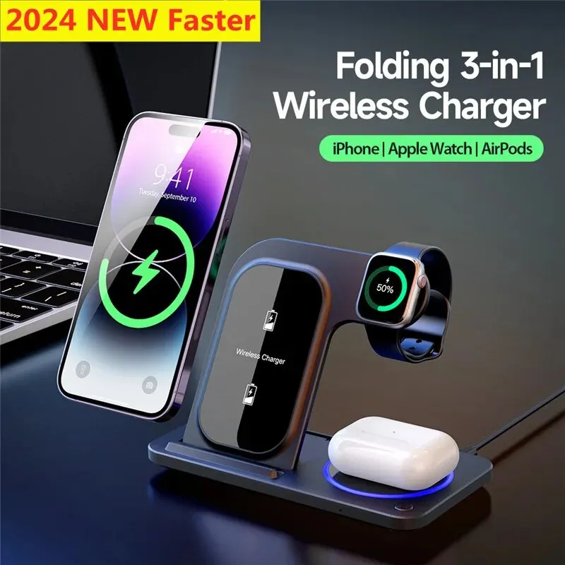 3 In 1 Wireless Charger Stand Pad For iPhone 15 14 13 12 11 Pro Max Apple Watch S9 S8 S7 Airpods 3/2 Fast Charging Dock Station